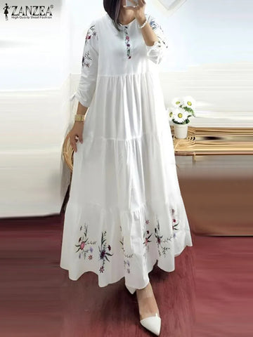 ZANZEA Elegant Floral Printed Muslim Dress