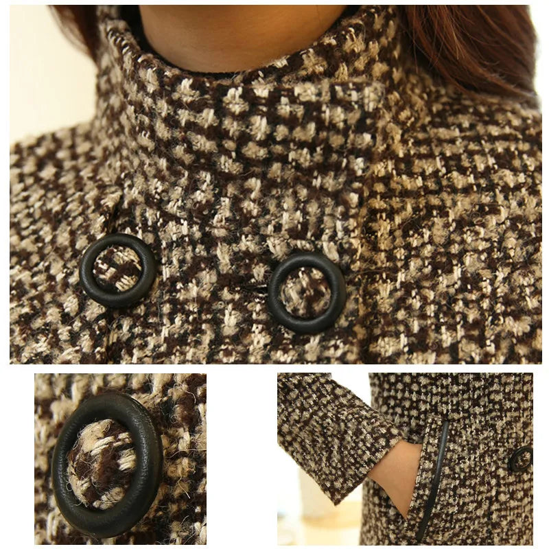 Turtleneck Plaid Slim Long Tweed Woolen Outerwear Female