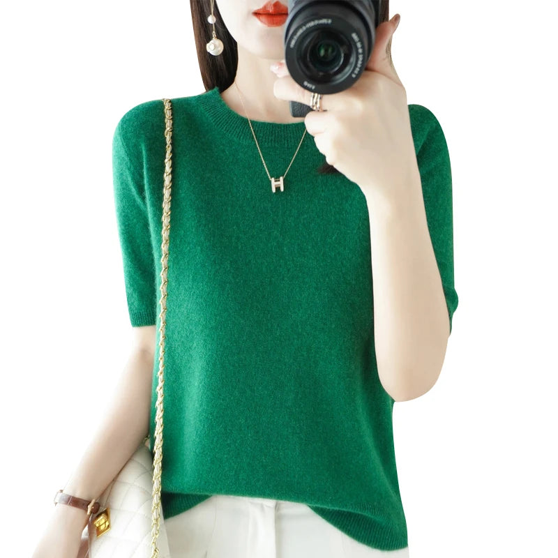 Spring and Summer New Short-sleeved Women O-neck Slim  Sweater