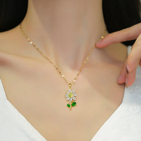 Classic Green Leaf Flower Necklace and Earrings Set Light Luxury Sunflower Personalized Banquet Stainless Steel Jewelry