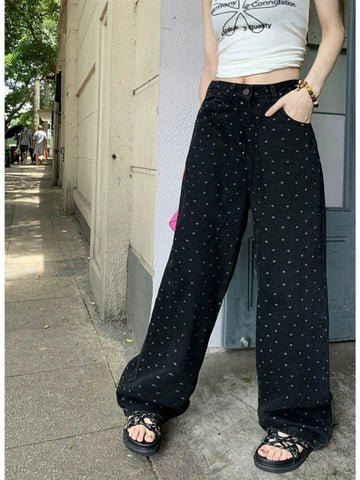 Black Polka Dot Straight Jeans