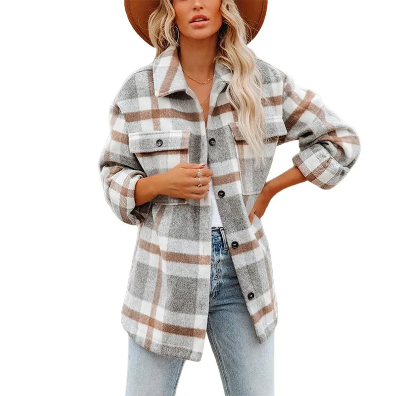 Autumn Womens Plaid Jacket Long Sleeve Lapel Button-Down Shirts Wool Blend Shacket Coat Casual Tops Outwear with Pocket Jackets