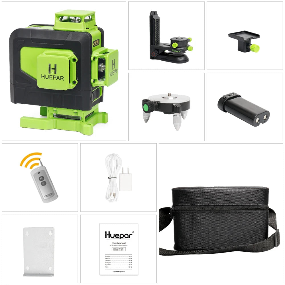 Huepar 4D 16 Lines Cross Line Laser Level Green Beam Lines Multi function & Remote Control With Li-ion battery For Tiles Floor