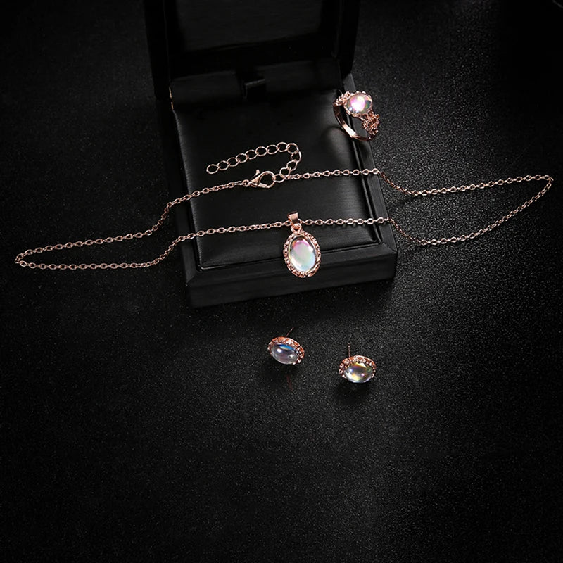 Elegant Aurora Oval Zircon Necklace Earring Ring Jewelry Set For Women Romantic Gold Plated Faux Opal Wedding Gift Accessories