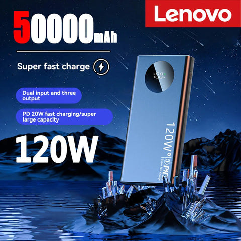 Lenovo 120W Fast Charging 50000mAh Thin and Light Portable Power Bank Cell Phone Accessories External Battery Free Shipping