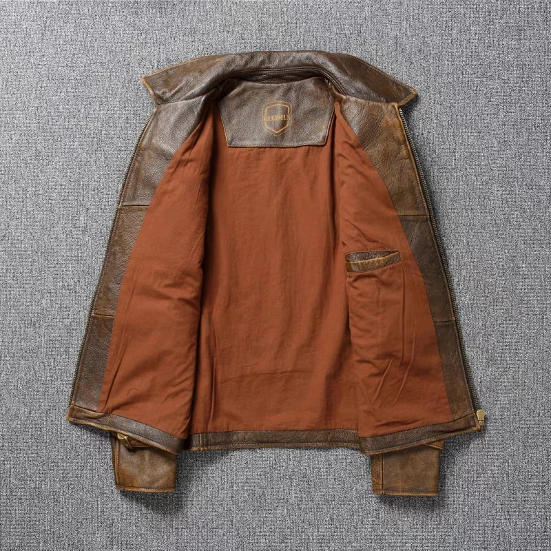 Men's Genuine Leather Jacket Natural Cowhide Hunting Jacket First Layer Cowhide American Retro Motorcycle Jacket Short Jacket