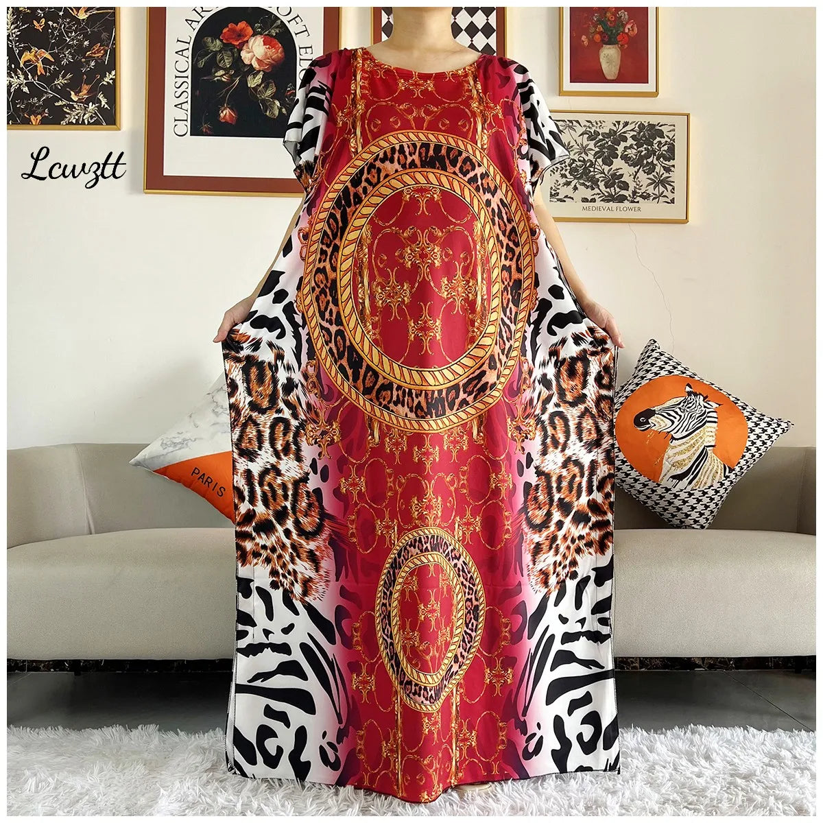 Fashion New Style Flower Sleeve African Dashiki Floral Print Waist Belt Cotton Caftan Lady Summer Maxi Casual Dresses Vestidos