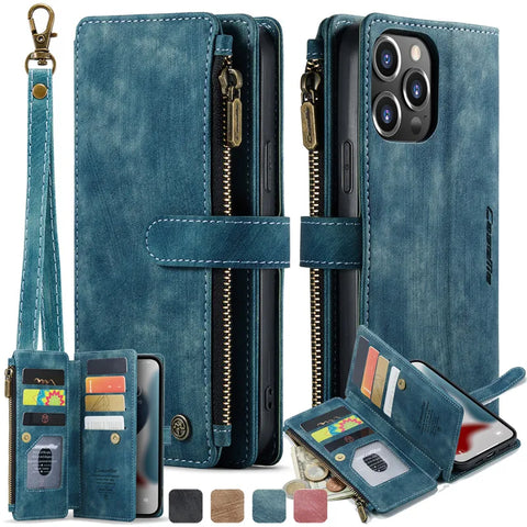 CaseMe Zipper Wallet Flip Leather Phone Case For iPhone 15 14 Pro Max 13 12 11 XS XR X SE 2022 8 7 6 Plus Multi Card Cover Coque