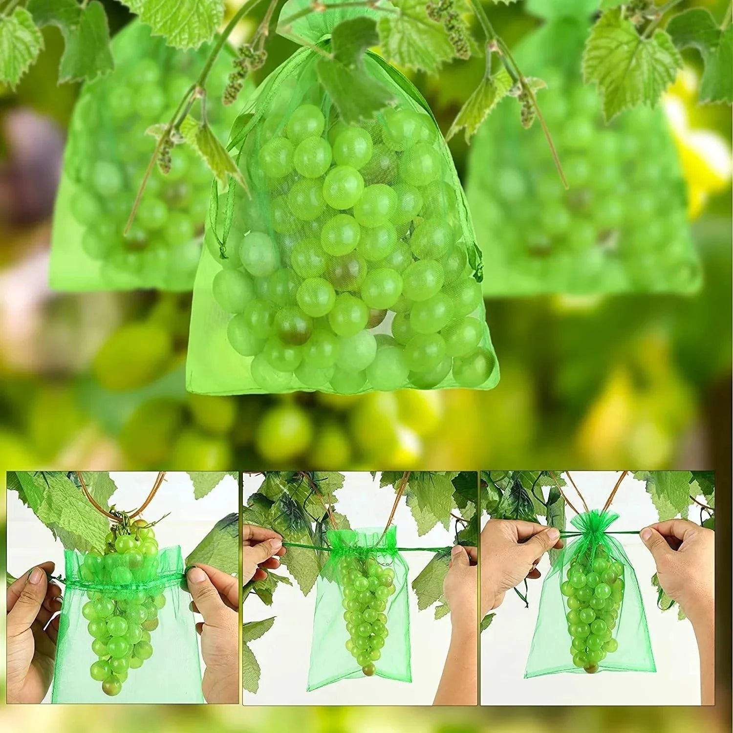 50/100Pcs Fruit Protection Netting Bags with Drawstring Reusable Grape Grow Bags Strawberry Cover Mesh Bags for Pest Control