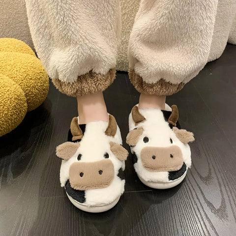 plush Slippers Cartoon Milk Cow House Funny Casual Shoes