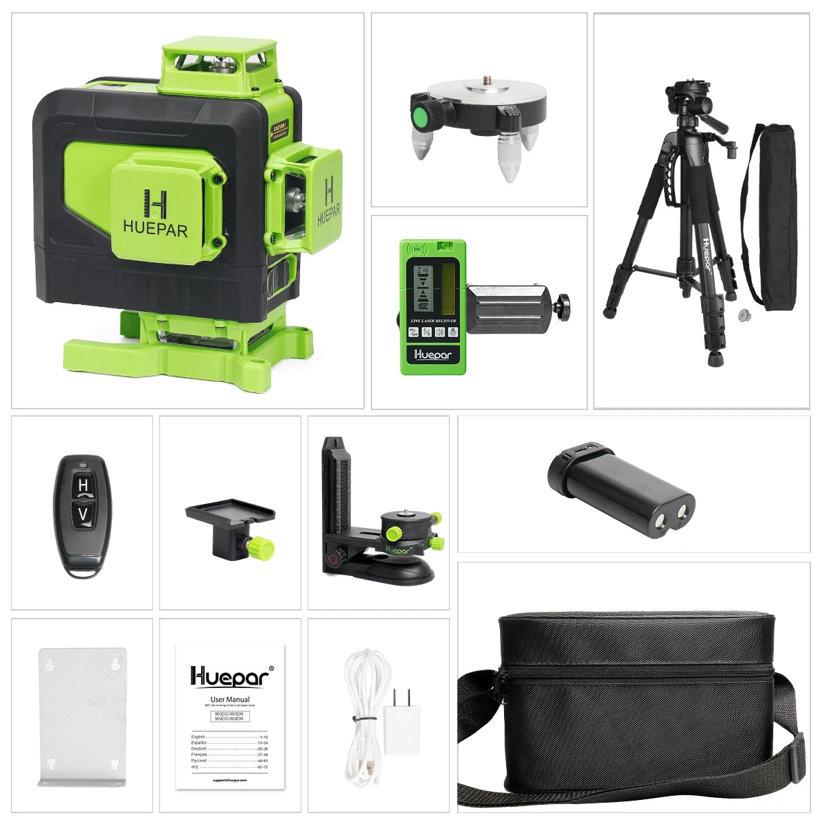 Huepar 4D 16 Lines Cross Line Laser Level Green Beam Lines Multi function & Remote Control With Li-ion battery For Tiles Floor