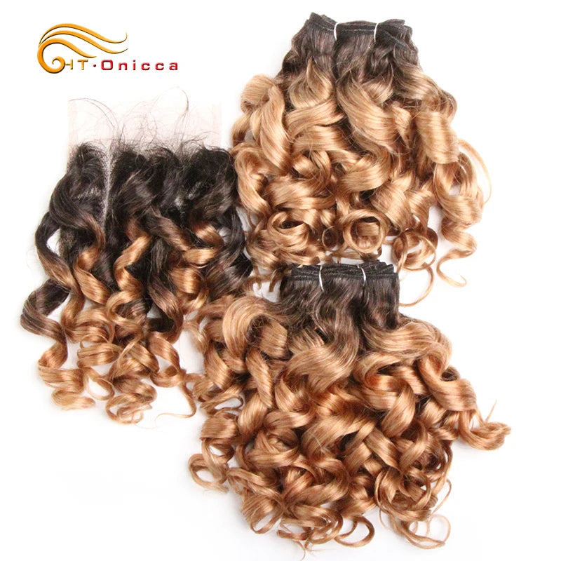 Curly Hair Bundles Brazilian Human Hair Weave 6 Bundles With Lace Closure Colored 1B/27/30/33/99J Short Hair Extension For Women