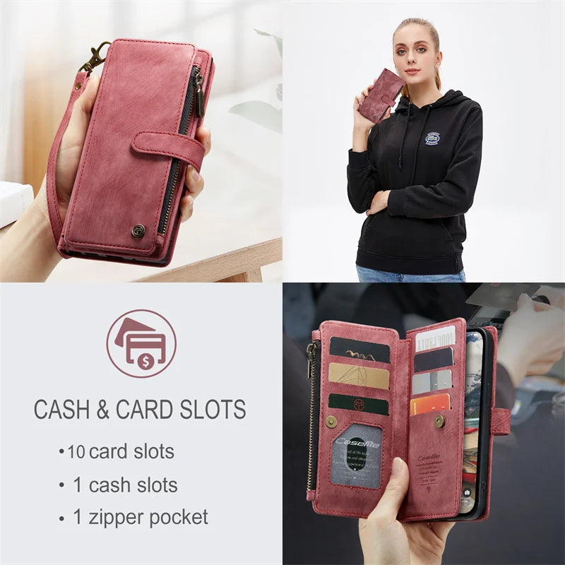 CaseMe Zipper Wallet Flip Leather Phone Case For iPhone 15 14 Pro Max 13 12 11 XS XR X SE 2022 8 7 6 Plus Multi Card Cover Coque