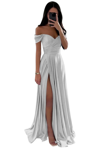 GDYBAO Women's Off The Shoulder Bridesmaid Dresses for Wedding With Slit Long  Pleated Satin Prom Dress A-Line Evening Gowns