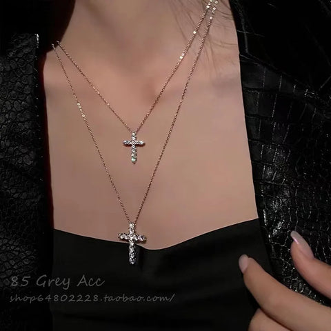 2023 Fashion Shiny Crystal Zircon Cross Pendant Necklace for Women Girl  Punk Party Jewelry