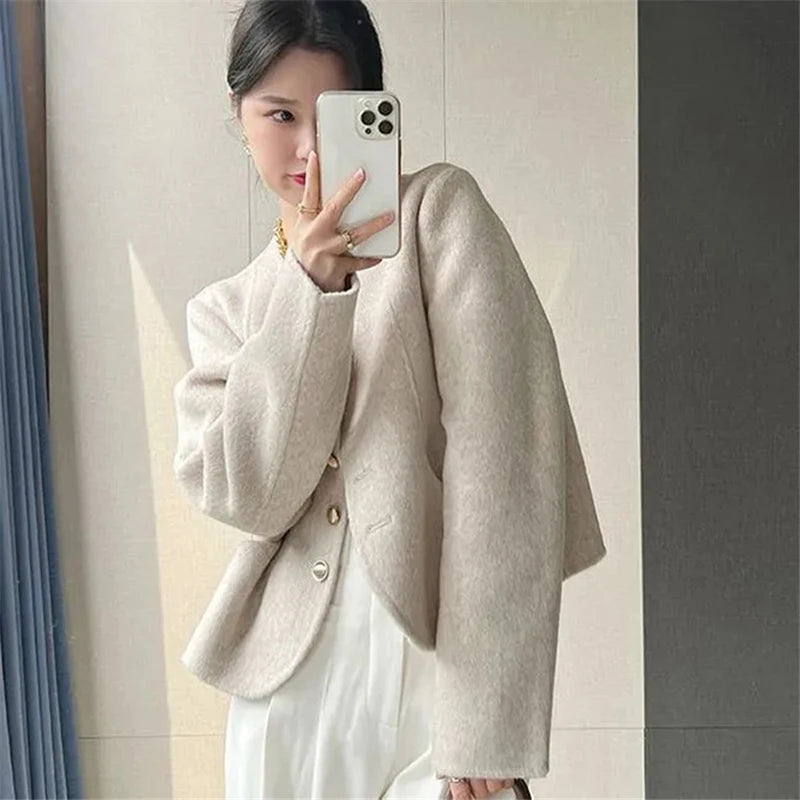 Elegant Womens Vintage Woolen Short Jackets 2023 Korean Slim Coats Cropped Long Sleeve Chaquetas Spring Wool Blend Outwear