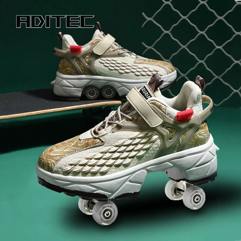 Retractable roller skates. Parkour sneakers, outdoor casual shoes