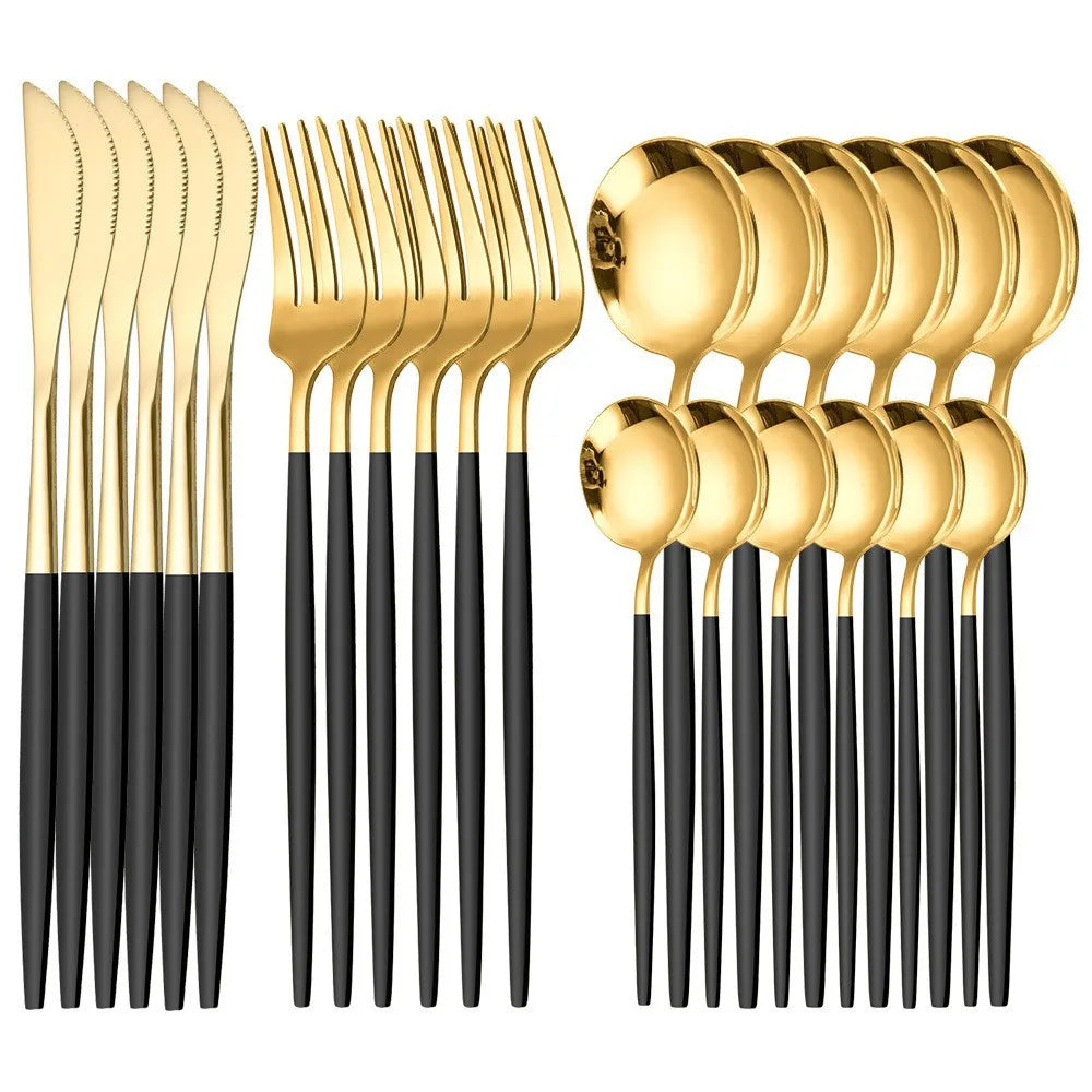 24pcs Gold Dinnerware Set Stainless Steel Steak Knife Fork Coffee Spoon Teaspoon Flatware Dishwasher Safe Kitchen Tablewar