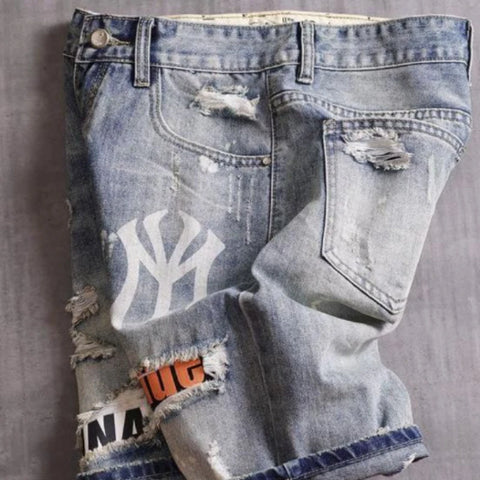 Men's Denim Shorts With Holes Washed Korean Style Straight Quarter  Patch Casual Jeans