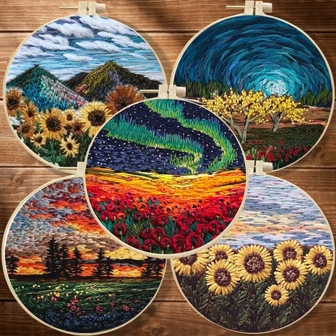 DIY Stamped Embroidery Starter Kit with Landscape Pattern Cloth Color Threads Tools Without Hoop Sewing Art Craft Home Decor