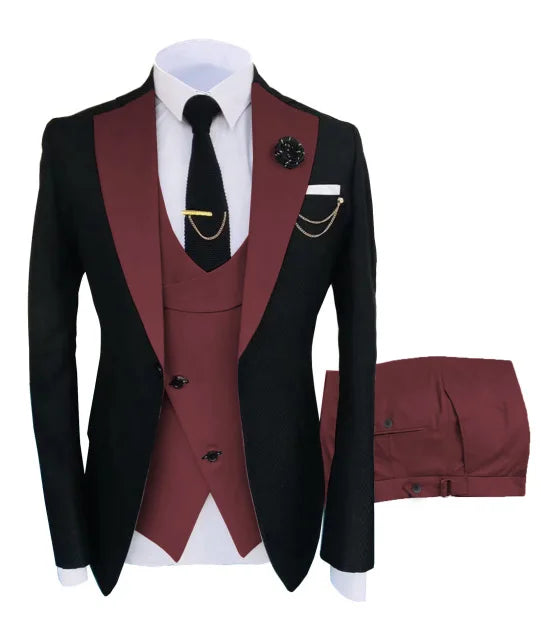 Men Suits 3 Pieces Tailored Best Man Groom Wedding Tuxedo Slim Fit Jacquard Two-color Blazer Jacket  Vest Pants Tuxedo Clothing