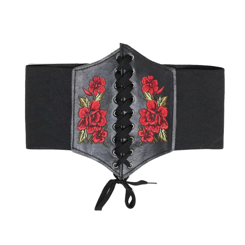 Women's Corset Belt Gothic Fashion PU Flower Embroidery Cummerbunds