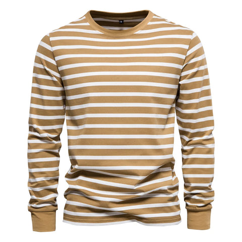 Simplicity Stripe Print T Shirt For Men Fashion Comfortable Cotton Long Sleeve T-shirt Leisure O-neck Pullover Autumn Loose Tops