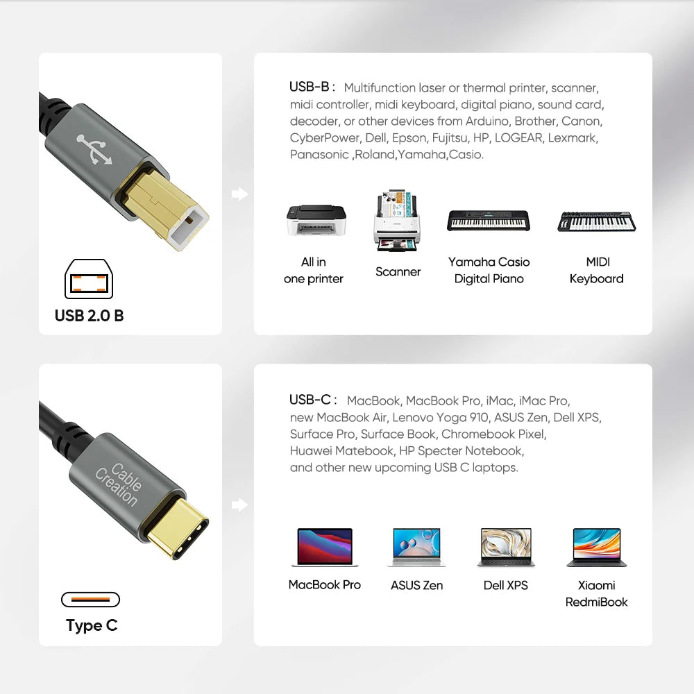 Cable Creation USB C to USB B 2.0 Printer Cable