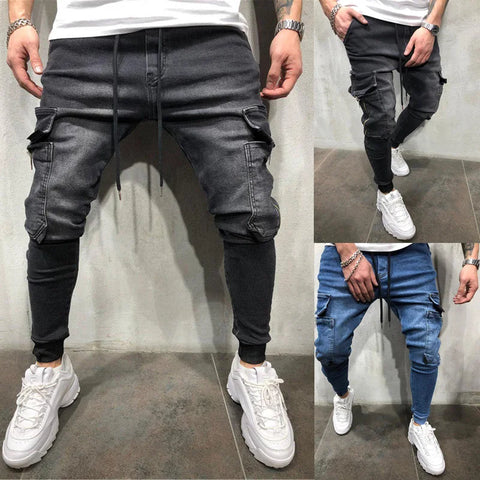 Jeans Men Pants Wash Solid Color Multi Pockets Denim Mid Waist Cargo Jeans Plus Size Fahsion Casual Trousers Male Daily Wear