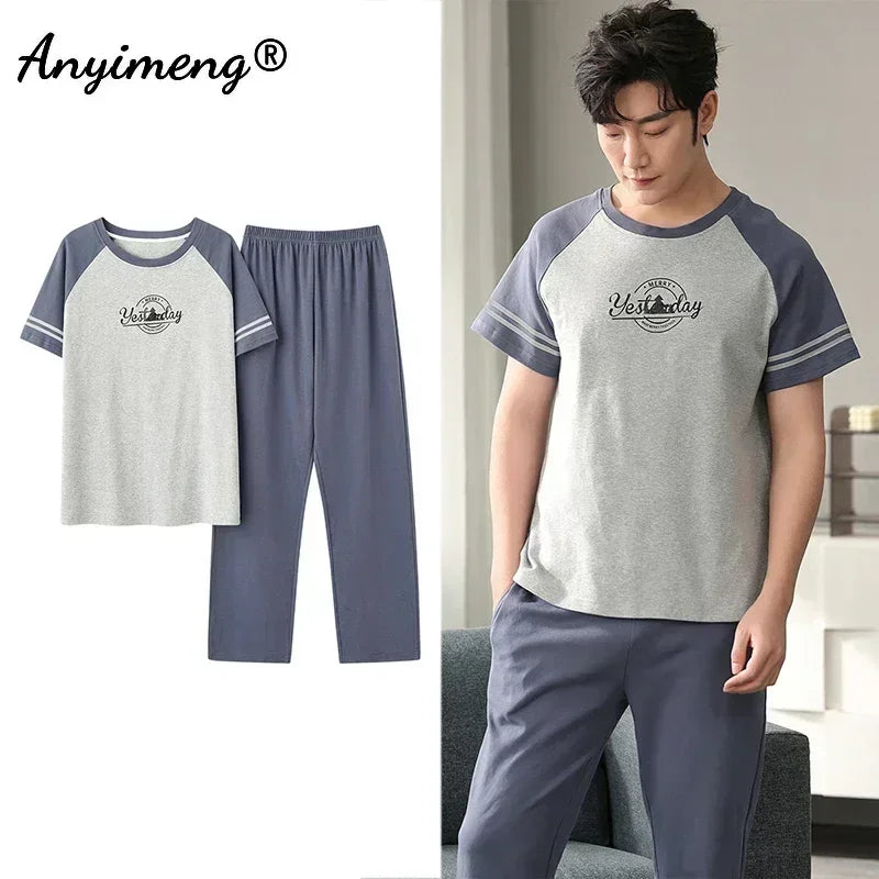 Mens Fresh Pajamas 3xl 4xl Sleepwear Short Sleeved Long Pants Cotton Leisure Pyjamas for Boy Plaid Pants Men Summer Nightwear