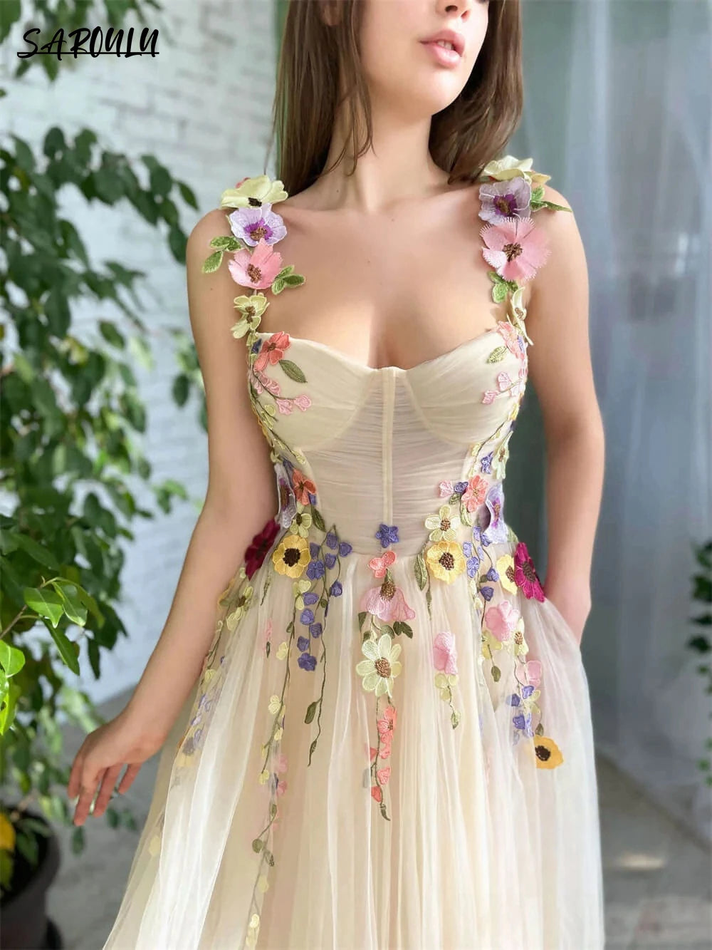 Bohemian Appliques Tank Sleeve Homecoming Dress Romantic Tea-length 3D Flower Cocktail Party Gown Pastrol Vestidos De Novia