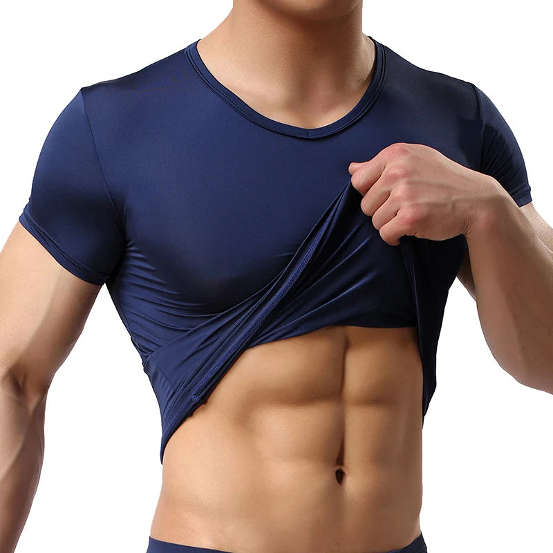 Man Undershirt Ice Silk T Shirts Male Nylon V-neck Short Sleeves Tops Ultra-thin Cool Sleepwear Undershirt