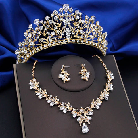 Gorgeous Crystal Tiaras Bridal Jewelry Sets for Women Crown Flower Choker Necklace Sets Wedding Bride Costume Jewelry Set