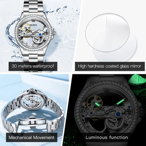 OLEVS Fully Hollow Out Mechanical Watch for Women Luxury Fashion Diamond Lap Ladies Wristwatch Elegant Automatic Women's Watches