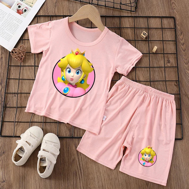 Super Marios Kids Pajama Suit Peach Princess Girl Sleepwear Cartoon Boy Pyjamas Outfit Home Tops Pants 2pcs Set Cute Nightgown