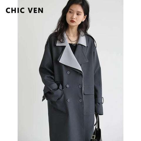 2024 Women Trench Coat Solid Loose Contrast Double Collar Double Breasted Long Women's Windbreaker Office Lady Spring Autumn