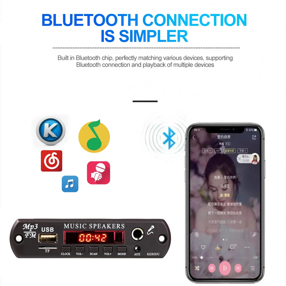 Handsfree 60W Amplifier Bluetooth DIY MP3 Decoder board 12V Time Display Microphone Wireless Car MP3 Player USB TF AUX FM Radio