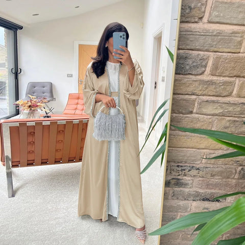 2024 Muslim Dress Diamond Women's Long Dress Fashion Long Sleeve Lace-up Long Abayas Casual Solid Color Clothes for Muslim Women