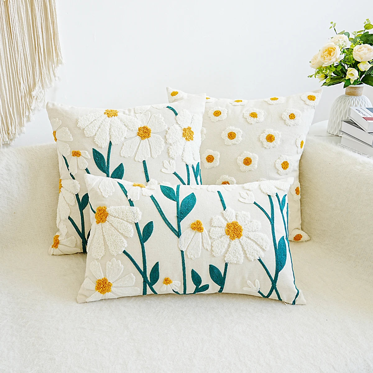 1pc Daisy Floral Embroidered Cushion Covers