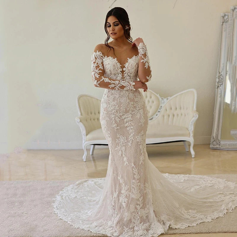 Boho Lace Wedding Dress Mermaid Illusion