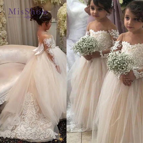 MisShow Long Sleeve Flower Girl Dresses For Wedding Guest Kids Bridesmaid With Bow Lace Appqulies Tulle First Communion Dress