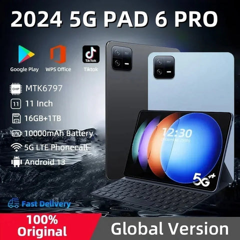 2024 New Original Pad 6 Pro Tablet Android 13 16GB 1TB Dual SIM 10 Core WPS GPS Bluetooth 5G Network Phone Call Mi Tablet PC