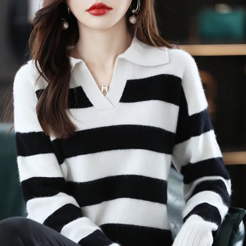Women's Knitted Striped Casual Sweaters Long Sleeve V-Neck