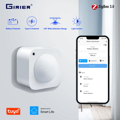 GIRIER Tuya ZigBee PIR Motion Sensor Smart Human Movement Detector Built-in Light Sensor for Home Security Works Smart Life APP