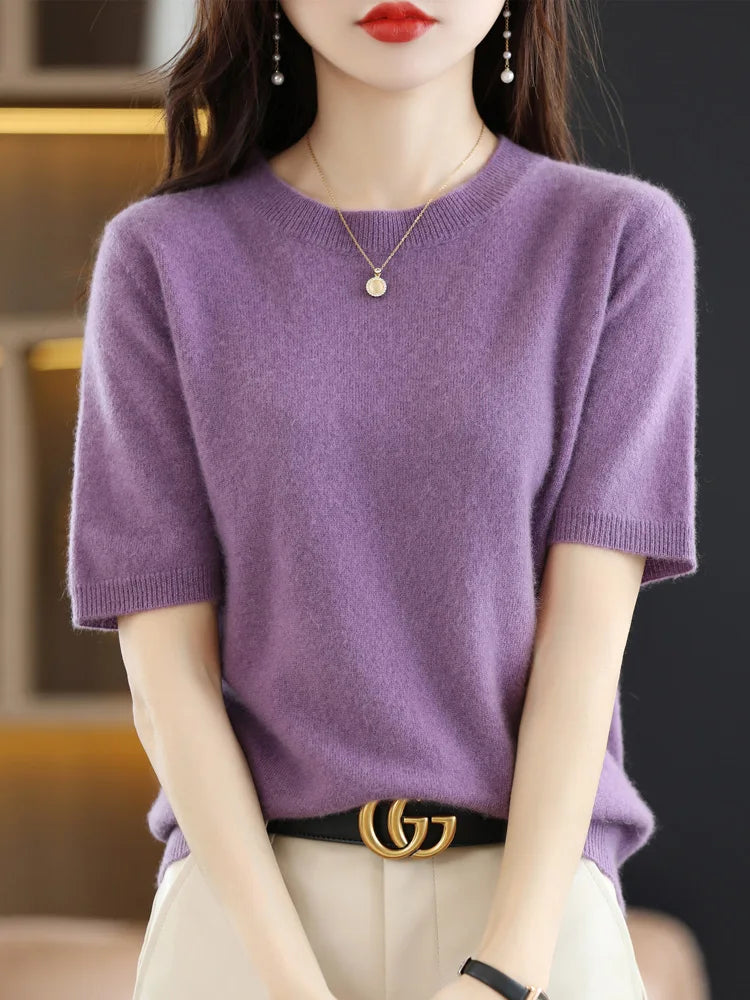 Spring and Summer New Short-sleeved Women O-neck Slim  Sweater