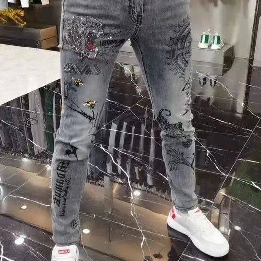 High-end European Korean Men's Slim Fit Jeans with Tiger Diamond Print for Casual Wear Spring Autumn Stretch Luxury Clothing Men