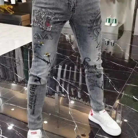 High-end European Korean Men's Slim Fit Jeans with Tiger Diamond Print for Casual Wear Spring Autumn Stretch Luxury Clothing Men