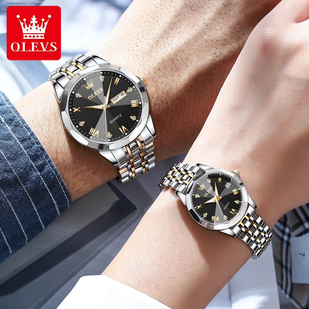 OLEVS 9931 Couple Watch Rhombus Mirror Waterproof Solid Stainless Steel Band Men's Women's Lover Quartz Watch Luxury Watch Set