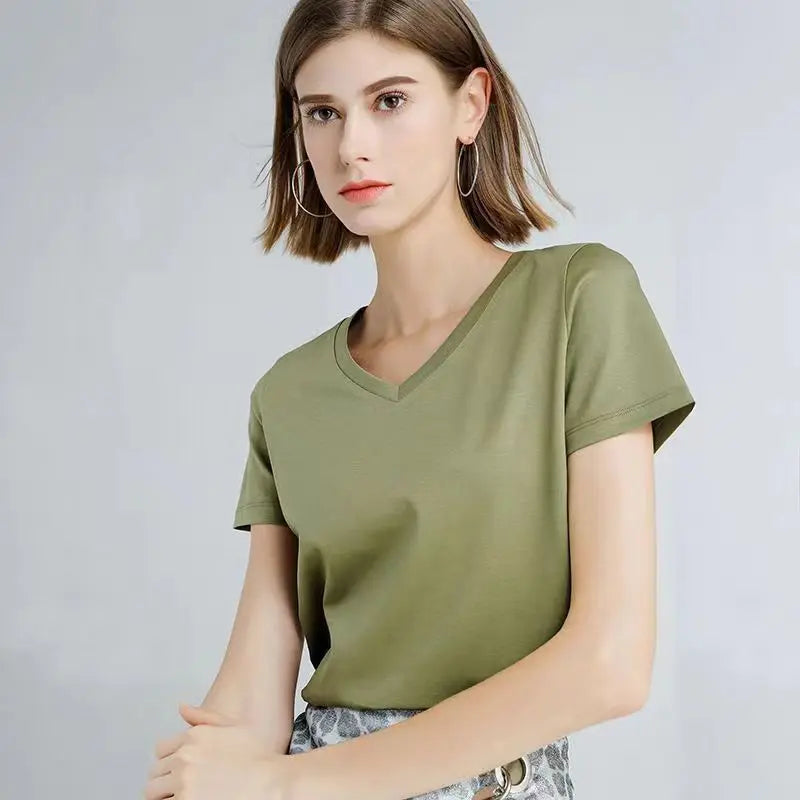 Summer New High-End Skin-Friendly Mercerized Cotton Short-Sleeved T-shirt Women's Solid Color Bottoming Shirt Joker T-Shirt