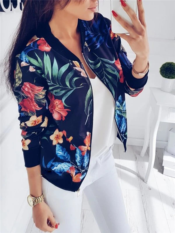 Women Floral Printed Jackets Spring Autumn Long Sleeve Zipper